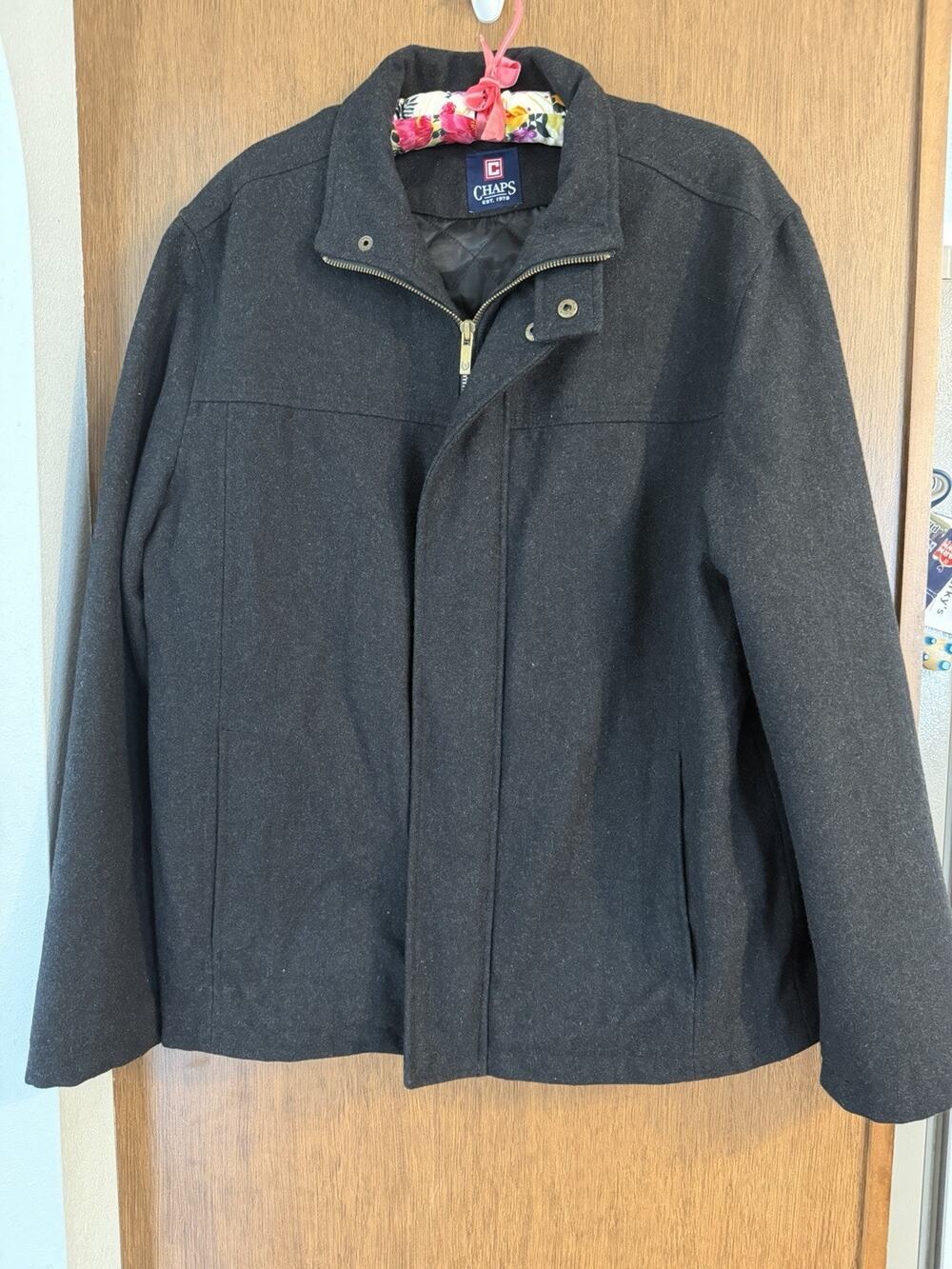 Chaps Mens wool blend black gray full zip quilt lined winter coat jacket sz Med